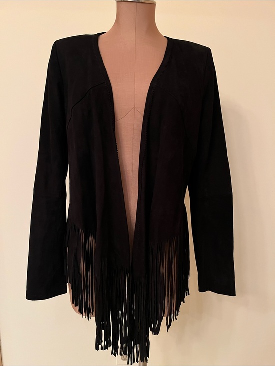 Haute Hippie Jackets & Blazers - HAUTE HIPPIE Western Boho Cowgirl BLK Suede Long Fringe Open Front Crop Jacket M